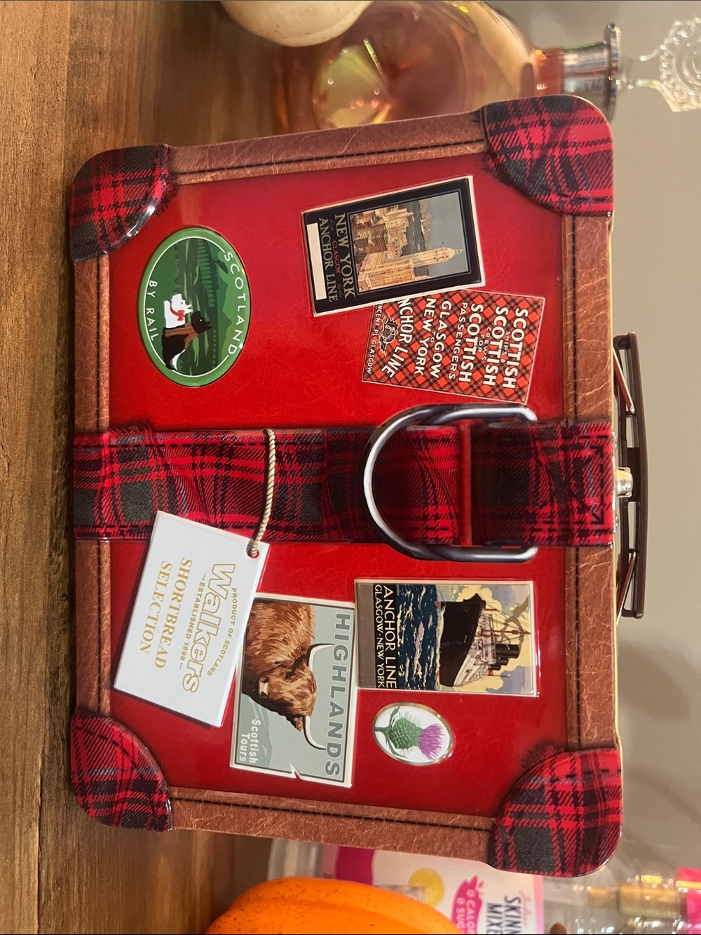 Red Tartan Decorative Holiday Gift Box with Strap
